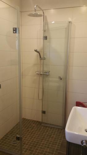 a shower with a glass door next to a sink at "Morgensonne" in Halsdorf
