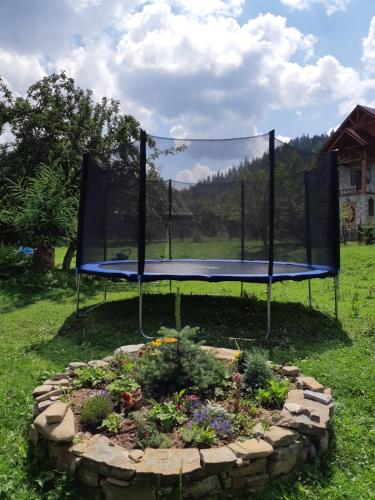 a trampoline in a flower bed in a yard at Kozarik in Mykulychyn