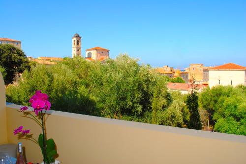 a vase with a flower on a balcony with a view at APPART CLIMATISE / TERRASSE A 2 MIN DE LA PLAGE in LʼÎle-Rousse