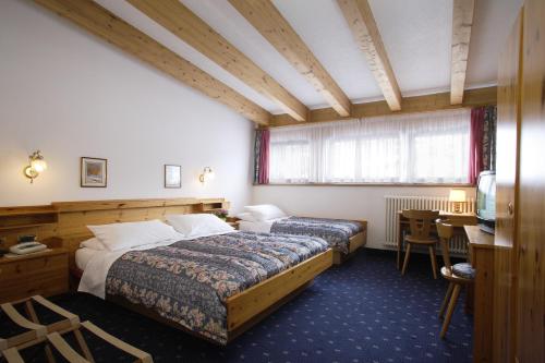 カンピテッロ・ディ・ファッサにあるHotel Alpiのベッド、デスク、テレビが備わるホテルルームです。