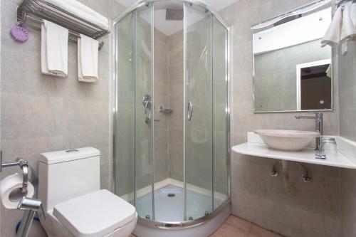uma casa de banho com um chuveiro, um WC e um lavatório. em Hotel Beijing Lu em Pokhara