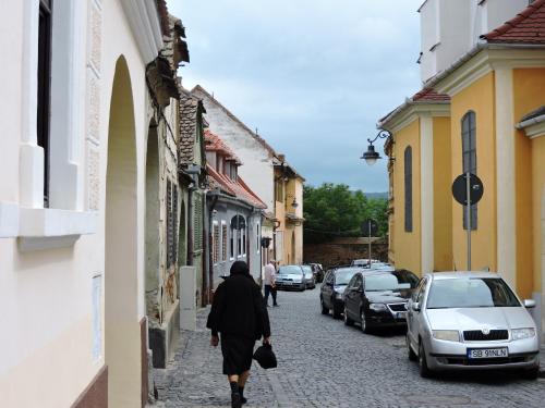 uma mulher a andar numa rua numa cidade em Musik Apartments Old Town em Sibiu