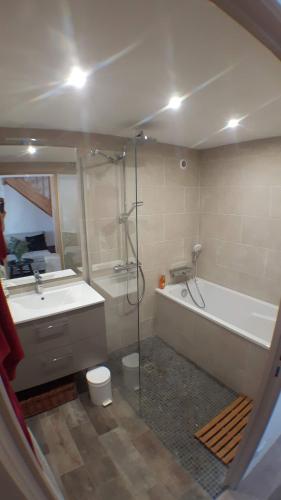 une salle de bain avec une douche, une baignoire et un lavabo dans l'établissement Ty-yado, à Ambon