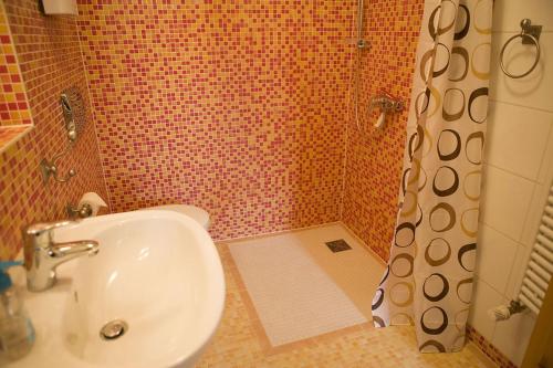 a bathroom with a sink and a shower at Ferienwohnungen und Ferienhäuser Gohr in Stralsund