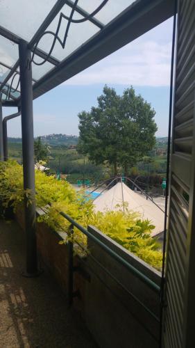 a view of a skate park through a window at Locanda del Boscogrande in Montegrosso dʼAsti