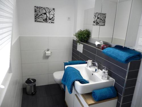 a bathroom with a sink and a toilet with blue towels at Apartment Schwäbisch Hall in Schwäbisch Hall