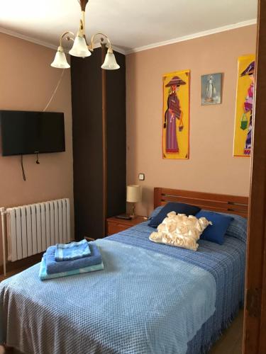 1 dormitorio con 1 cama azul y TV en Casa Rural Teodoro Barrio, en Aribe