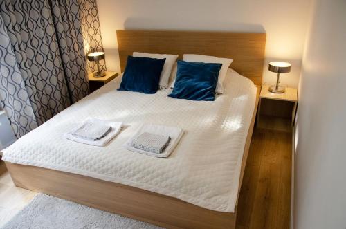 a bedroom with a bed with two blue pillows at Bursztynowa 23 in Jelitkowo