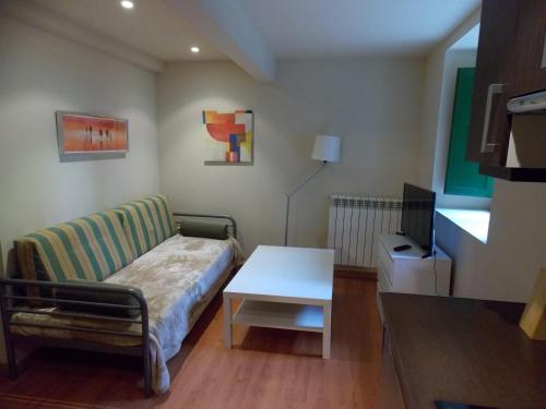 - un salon avec un canapé et une table dans l'établissement Apartamentos Codallos, à Tramacastilla de Tena