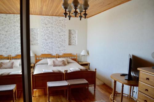 a bedroom with a bed and a desk and a television at Pas Virginiją in Nida