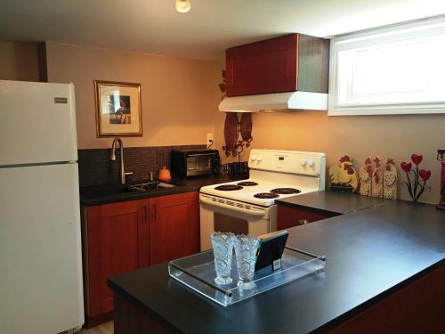 a kitchen with a white refrigerator and a black counter top at Bradford Vacation in Bradford