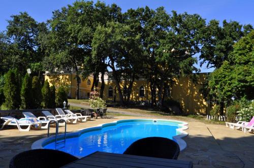 una piscina en un patio con sillas y árboles en Sir David Balaton Castle B&B en Balatonszepezd