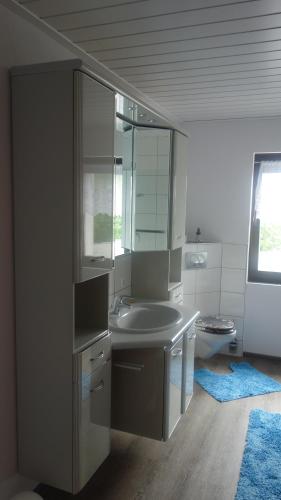 ein Badezimmer mit einem Waschbecken, einem Spiegel und einem WC in der Unterkunft Ferienwohnung Tine in Oberhausen