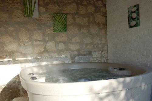 a bath tub in a bathroom with a stone wall at Un Air de Campagne in Couloisy