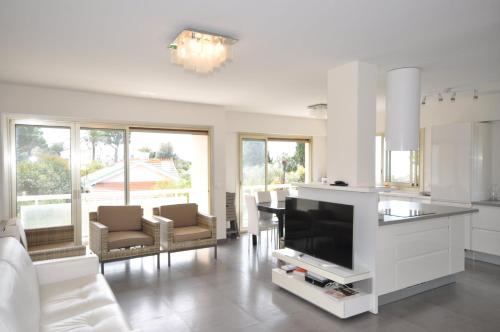un salon avec une télévision et un canapé dans l'établissement SPLENDIDE 3 PIECES VUE MER, à Antibes
