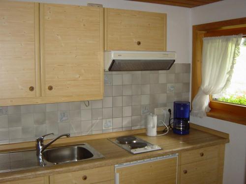 a kitchen with a sink and a counter top at Gästehaus Tannegg in Mittelberg