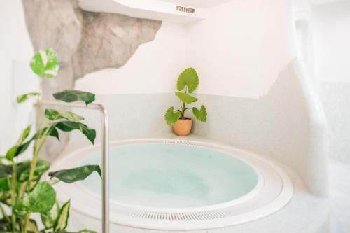 a bath tub with a potted plant on top of it at Wirtshaushotel Alpenrose in San Lorenzo di Sebato