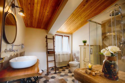 a bathroom with a large sink and a toilet at Il Piccolo Tibet - Gran Sasso in LʼAquila