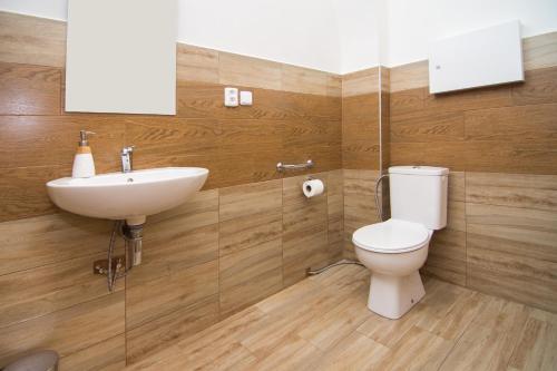 a bathroom with a toilet and a sink at Penzion Anareta in Frýdek-Místek