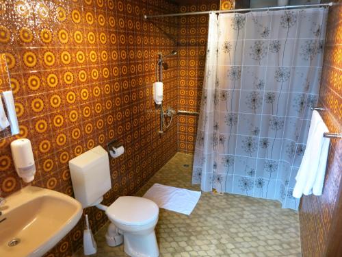 ミヒェルシュタットにあるEinfache Unterkunftのバスルーム(トイレ、シャワー、シンク付)