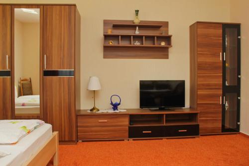a bedroom with a television on a wooden entertainment center at Zum Dorfschullehrer in Lübbenau