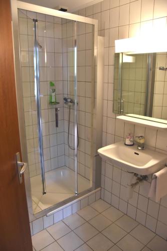 a bathroom with a shower and a sink at Hôtel de l'ours in Vuiteboeuf