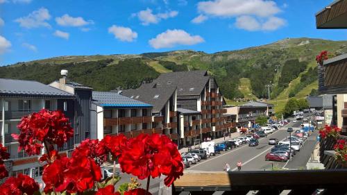 a view of a town with red flowers on a street at Les Aliziers in Super Besse