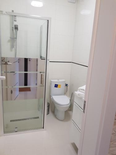 a bathroom with a toilet and a glass shower at Apartamenty Dom Saski 10 minut od Centrum Warszawy in Warsaw
