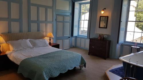 a bedroom with a bed and two windows and a sink at Kelly House Country B&B in Lifton