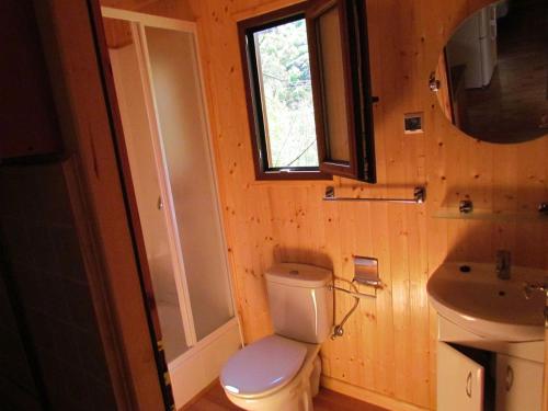 ボソストにあるCamping Espaliasのバスルーム(トイレ、洗面台付)、窓が備わります。