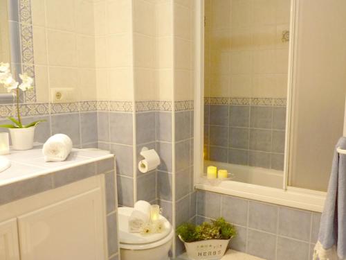 サンルーカル・デ・バラメダにあるPlaya de la Calzadaのバスルーム(洗面台、トイレ、シャワー付)