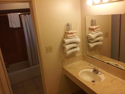 ein Bad mit einem Waschbecken und einem Spiegel in der Unterkunft El Rancho Motel Lodi in Lodi