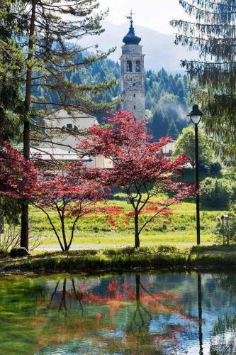a building with a clock tower in a field with trees at Albergo Meuble Tarandan in Forni di Sopra