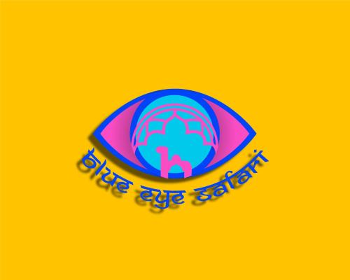 a blue eye logo on a yellow background at Blue Eye Hostel in Jaisalmer