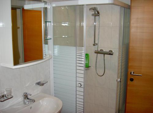 une salle de bain avec douche et lavabo dans l'établissement Appartement Christopherus, à Pettneu am Arlberg