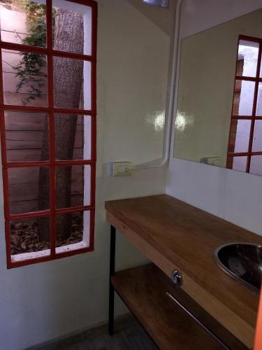 a bathroom with a sink and a mirror at El Tamarisco in Puerto Pirámides