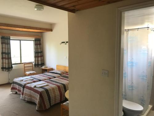 a bedroom with two beds and a toilet in it at Health Habitat Hotel & Slimming Resort in Pedoulas