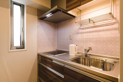 eine Küche mit einer Spüle aus Edelstahl und einem Fenster in der Unterkunft Trip Base HAKATAEKIMAE in Fukuoka