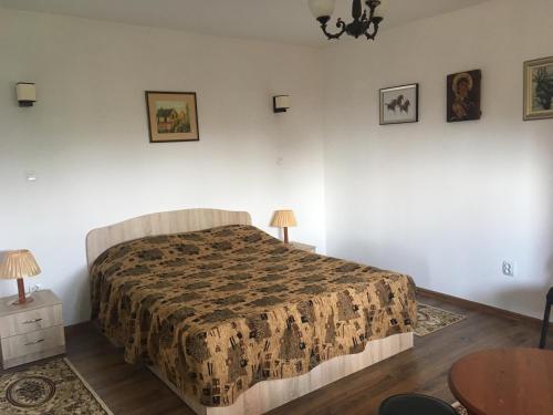 sypialnia z łóżkiem, 2 lampami i stołem w obiekcie Casa Bunicului w mieście Gura Vadului