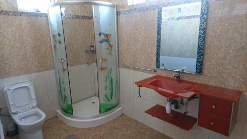 a bathroom with a toilet and a shower and a sink at Sunile Villa in Flic-en-Flac