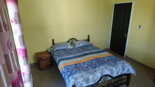 a bedroom with a bed with a blue comforter at Sunile Villa in Flic-en-Flac
