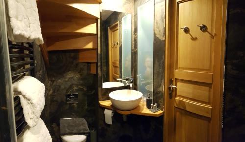 a bathroom with a sink and a toilet and a mirror at Suites du Cabinet Vert in Orléans