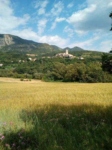 a field of grass with a building in the background at Camping du Moulin de Thoard in Thoard