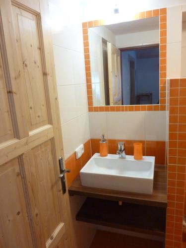un bagno con un lavandino bianco e uno specchio di PENZION U ŠTEFANA a Ostružná