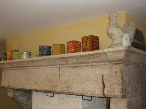 a stone fireplace with a bird statue on top of it at Logîte Touristique Les 3 Loups in Châtenois