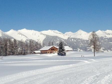 a cabin in the snow with mountains in the background at Haus Mondspitze in Bürserberg