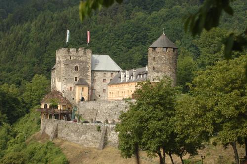 a castle with two towers on a hill at Burg Deutschlandsberg in Deutschlandsberg