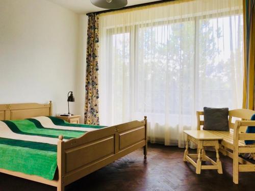 a bedroom with a bed and a window and a chair at Vila Blanca in Alexandru cel Bun