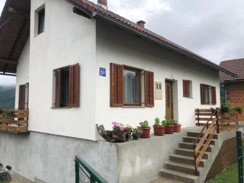 een wit huis met trappen, ramen en potplanten bij Apartman NINA in Ličko Petrovo Selo