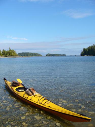 a yellow kayak sitting on top of a body of water at 203 at Water's Edge in Ucluelet